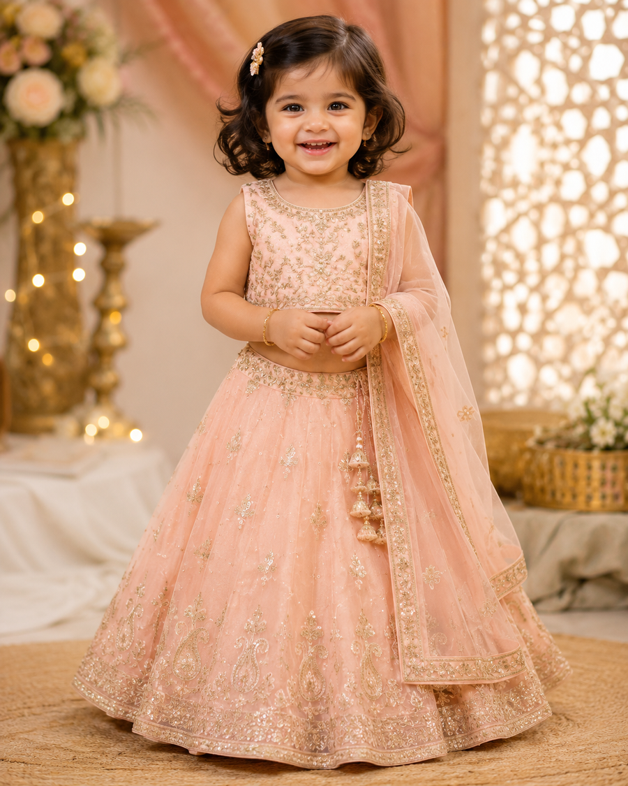 Renu-Blush Peach Embroidered Kids Lehenga Choli Set with Net Dupatta