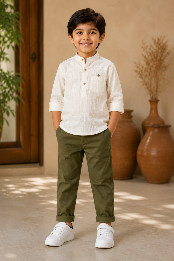 Ivory Mandarin Collar Shirt & Olive Cotton Chinos Set