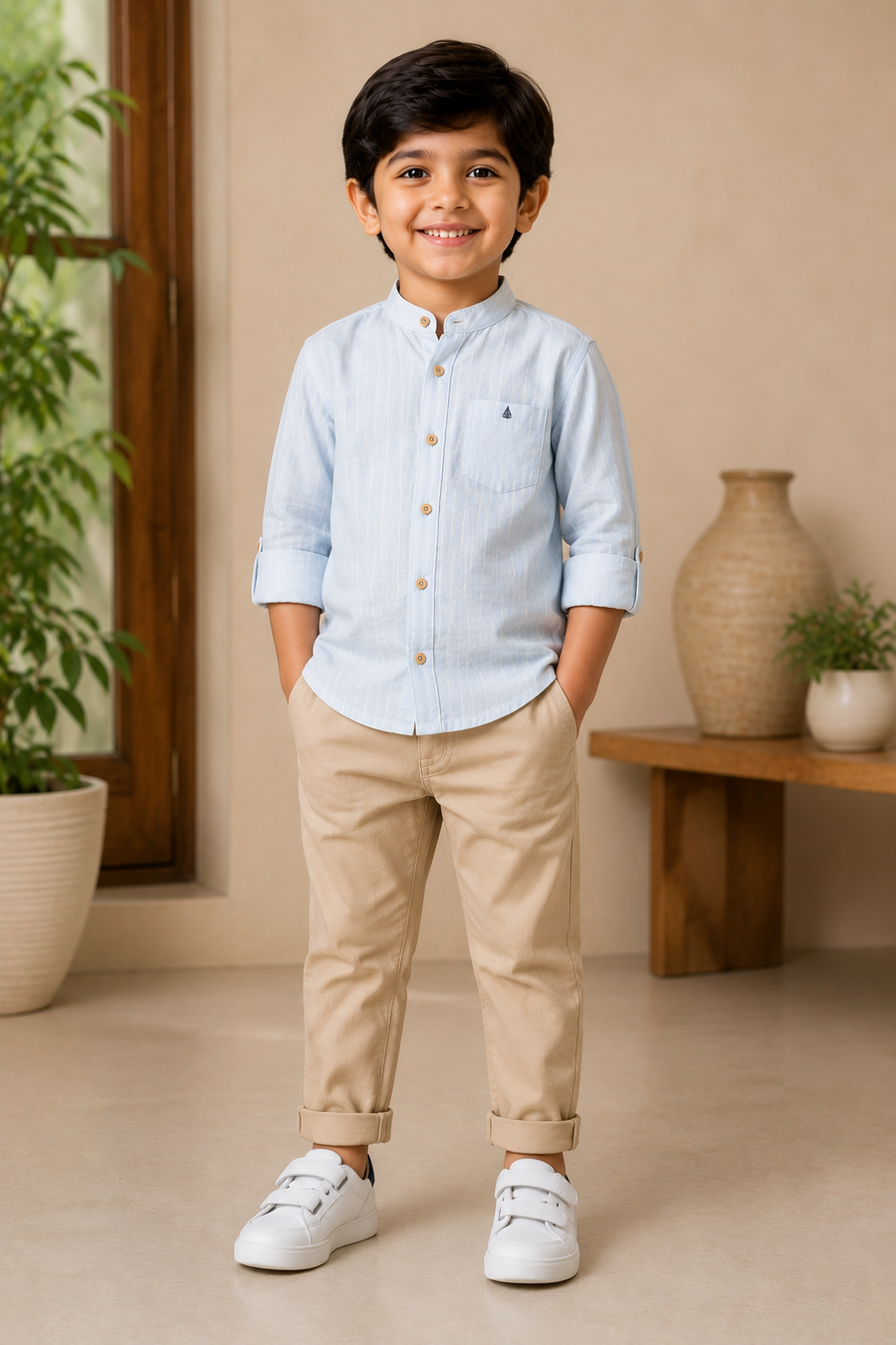 Powder Blue Roll-Up Shirt & Sand Beige Chino Pants Set